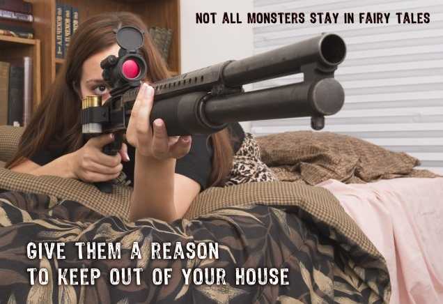 Woman defending her bedroom with a shotgun
